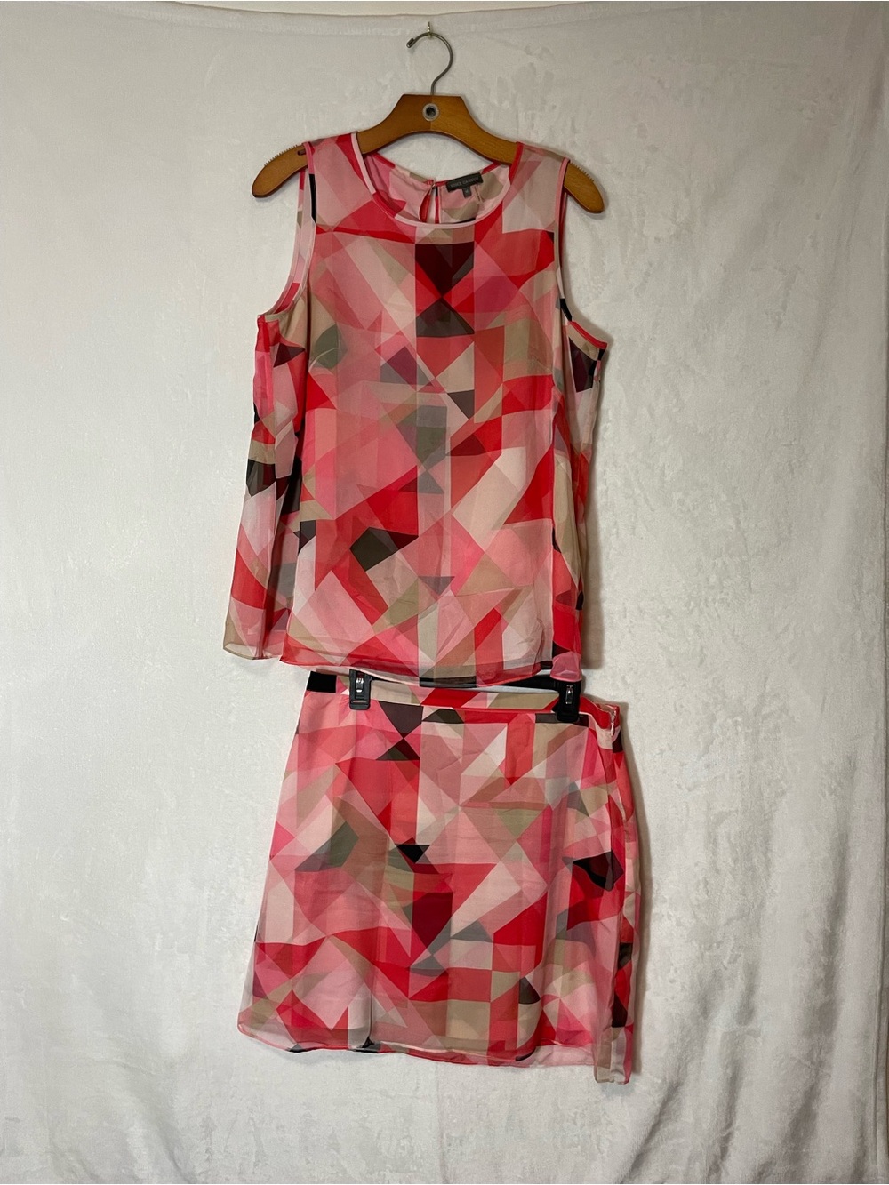 Vince Camuto Pink Red Geometric Sheer Blouse & Skirt